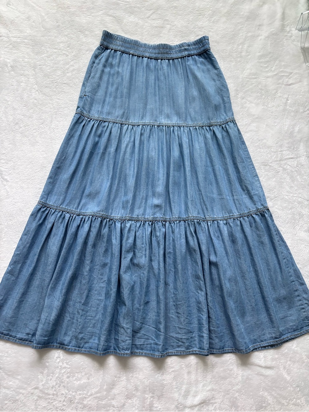 SIGRID OLSEN Boho A-Line Pleated Multi-Tiered Maxi Blue Denim-Like Skirt--EUC--S